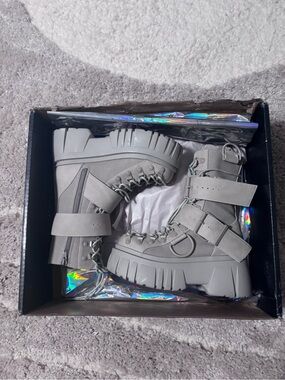 Dolls kills white/grey combat Strappy boots